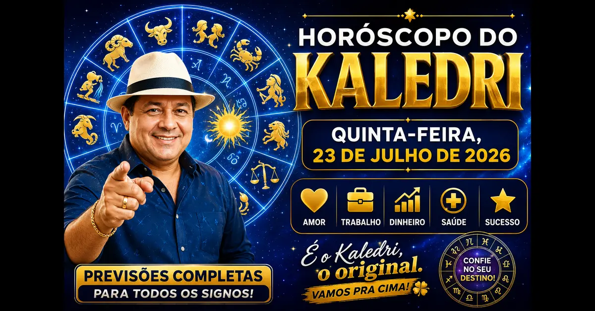 Imagem destacada do Horóscopo do Kaledri para quinta-feira, 23 de julho de 2026, com os 12 signos do zodíaco e previsões para amor, trabalho, dinheiro, saúde e sucesso.
