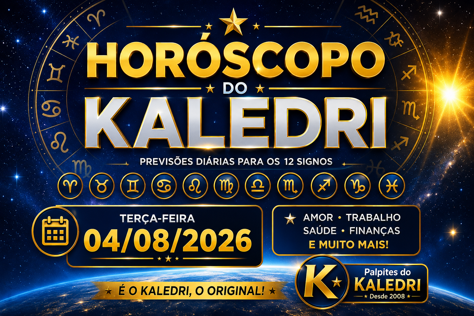Horóscopo do Kaledri para 04 de agosto de 2026 com previsões atualizadas para os 12 signos do zodíaco.